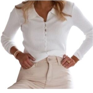 Season White Ribbed Top- size small- polo style soft knit